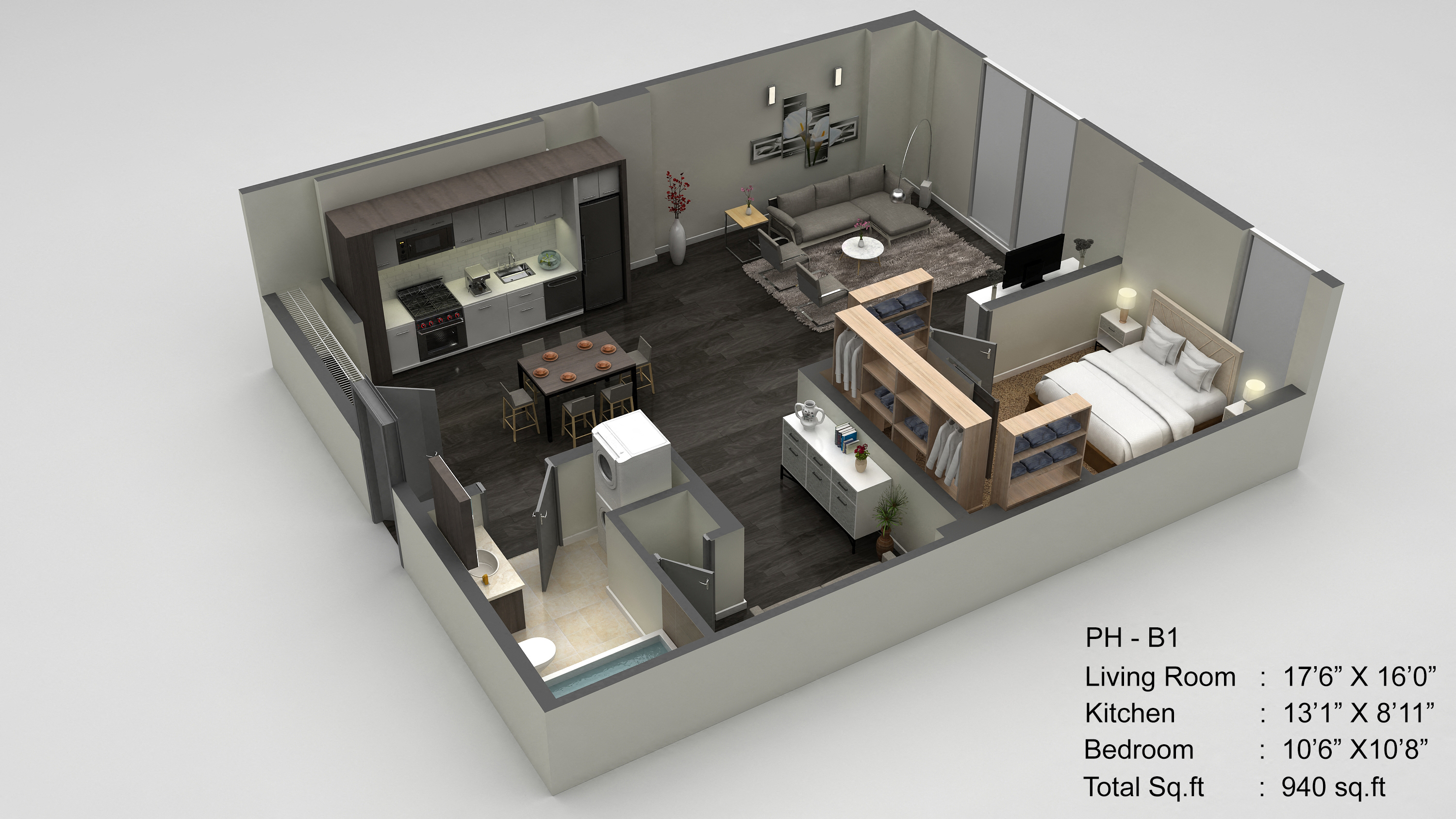 Floor plan for 1 bed, 1 bath, 940 sqft